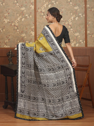 Olive Green Murshidabad Silk Saree with Hand Aari Embroidery & Screen Prints