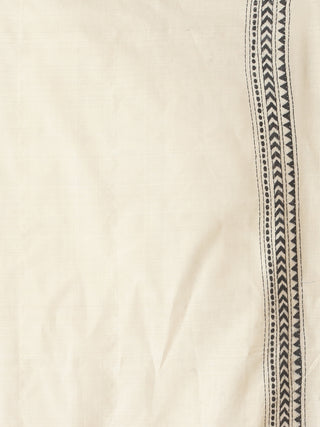Light Beige Pure Tussar Silk Saree with Kantha Embroidery & Ikkat Piping