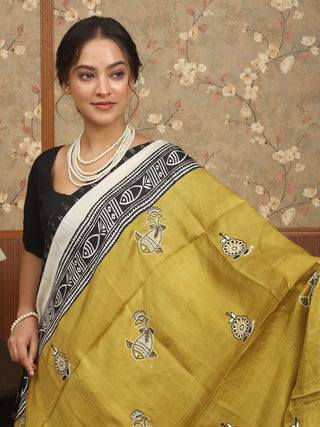 Olive Green Murshidabad Silk Saree with Hand Aari Embroidery & Screen Prints