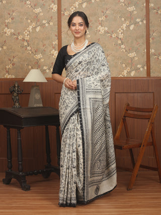 Light Beige Pure Tussar Silk Saree with Kantha Embroidery & Ikkat Piping