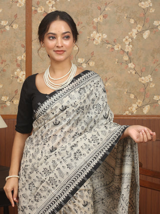 Light Beige Pure Tussar Silk Saree with Kantha Embroidery & Ikkat Piping