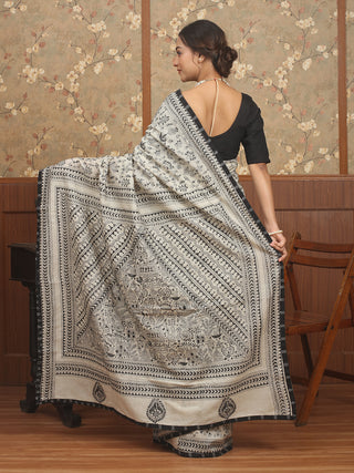 Light Beige Pure Tussar Silk Saree with Kantha Embroidery & Ikkat Piping