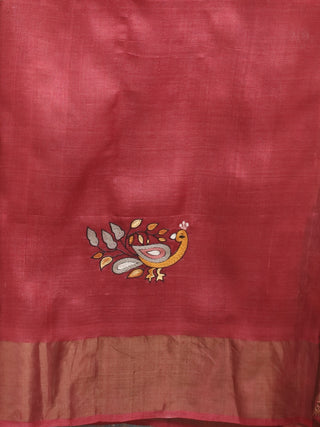 Light Beige Designer Tussar Silk Saree with Pochampally-Inspired Print & Aari Embroidery