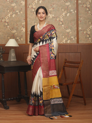 Light Beige Designer Tussar Silk Saree with Pochampally-Inspired Print & Aari Embroidery