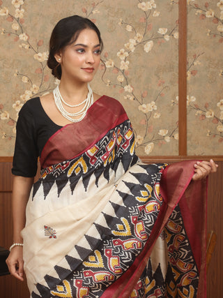Light Beige Designer Tussar Silk Saree with Pochampally-Inspired Print & Aari Embroidery