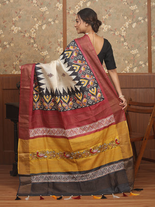 Light Beige Designer Tussar Silk Saree with Pochampally-Inspired Print & Aari Embroidery