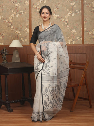 Ivory & Charcoal Handwoven Muslin Dhakai Jamdani Saree