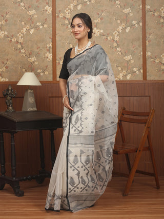 Ivory & Charcoal Handwoven Muslin Dhakai Jamdani Saree