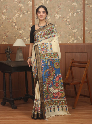 Cream Bangalore Silk Saree with Hand-Painted Srikalahasti Pen Kalamkari & Black Nizam Border