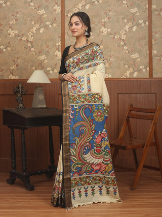 Cream Bangalore Silk Saree with Hand-Painted Srikalahasti Pen Kalamkari & Black Nizam Border