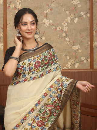 Cream Bangalore Silk Saree with Hand-Painted Srikalahasti Pen Kalamkari & Black Nizam Border