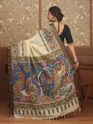 Cream Bangalore Silk Saree with Hand-Painted Srikalahasti Pen Kalamkari & Black Nizam Border