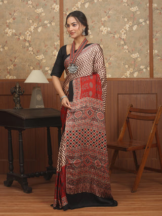 Light Beige, Brown, Black & Red Modal Silk Ajrakh Hand Block Printed Saree