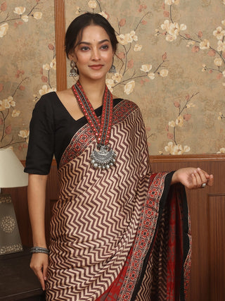 Light Beige, Brown, Black & Red Modal Silk Ajrakh Hand Block Printed Saree