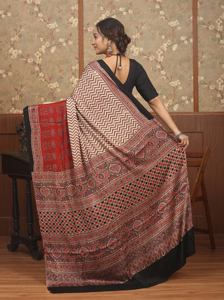 Light Beige, Brown, Black & Red Modal Silk Ajrakh Hand Block Printed Saree