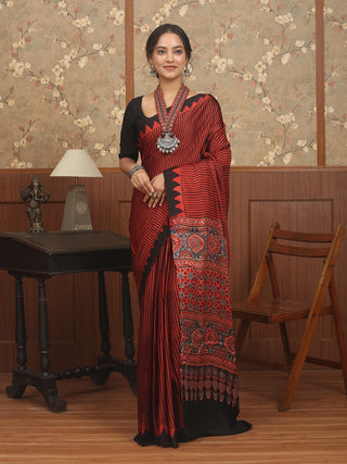Red & Black Striped Modal Silk Ajrakh Hand Block Printed Saree