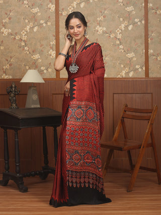 Red & Black Striped Modal Silk Ajrakh Hand Block Printed Saree