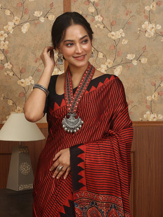 Red & Black Striped Modal Silk Ajrakh Hand Block Printed Saree
