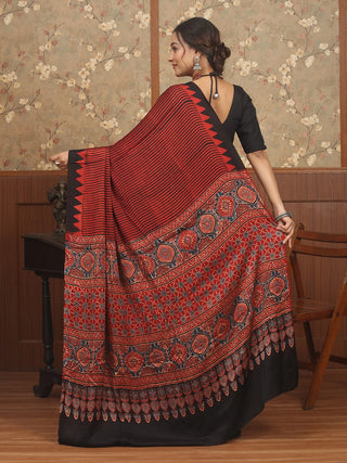 Red & Black Striped Modal Silk Ajrakh Hand Block Printed Saree