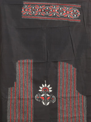 Cream-Black-Red Pochampally Silk Saree with Kantha Embroidery