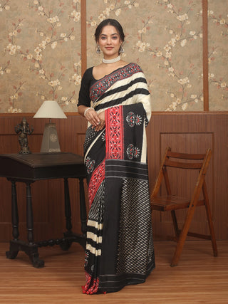 Cream-Black-Red Pochampally Silk Saree with Kantha Embroidery