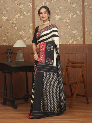 Cream-Black-Red Pochampally Silk Saree with Kantha Embroidery
