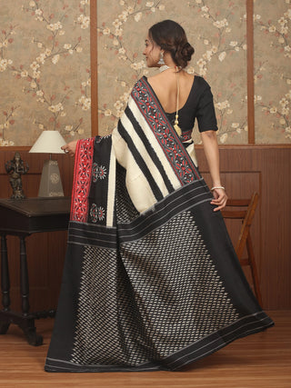 Cream-Black-Red Pochampally Silk Saree with Kantha Embroidery