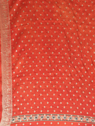 Beige-Rust-Black Ajrakh Printed Dola Silk Saree with Zari & Zardozi Highlights