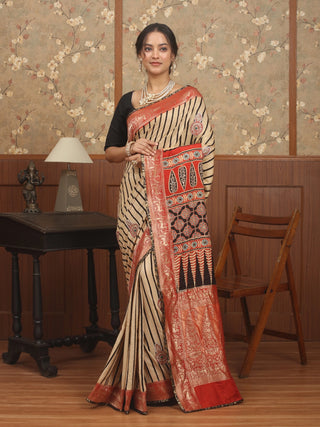 Beige-Rust-Black Ajrakh Printed Dola Silk Saree with Zari & Zardozi Highlights