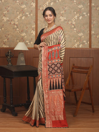 Beige-Rust-Black Ajrakh Printed Dola Silk Saree with Zari & Zardozi Highlights