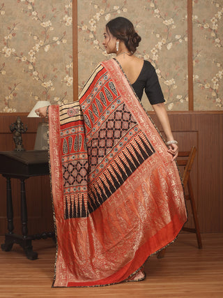 Beige-Rust-Black Ajrakh Printed Dola Silk Saree with Zari & Zardozi Highlights
