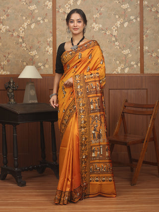 Mustard Baluchari Silk Saree with Temple & Courtly Motifs