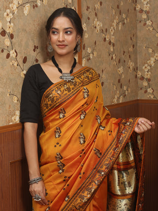 Mustard Baluchari Silk Saree with Temple & Courtly Motifs