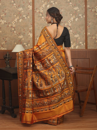 Mustard Baluchari Silk Saree with Temple & Courtly Motifs