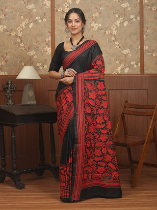 Black Pure Bangalore Silk Saree with Red Hand Kantha Embroidery
