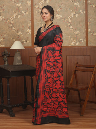 Black Pure Bangalore Silk Saree with Red Hand Kantha Embroidery