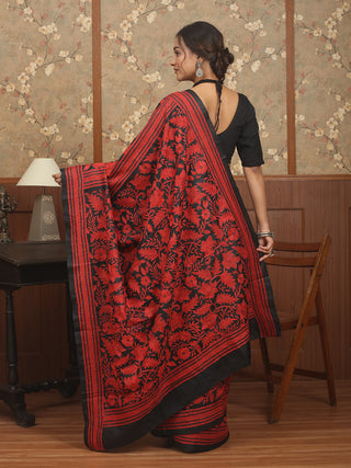 Black Pure Bangalore Silk Saree with Red Hand Kantha Embroidery