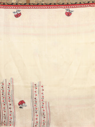 Ivory Murshidabad Pure Silk Saree with Screen Print and Floral Kantha Work