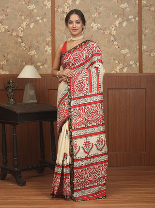 Ivory Murshidabad Pure Silk Saree with Screen Print and Floral Kantha Work
