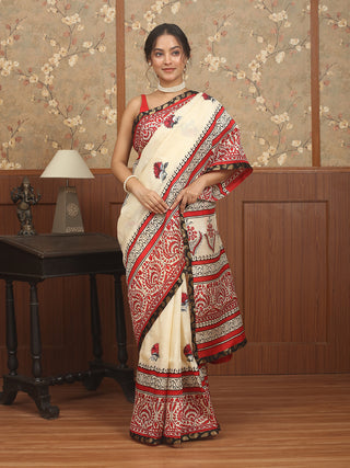 Ivory Murshidabad Pure Silk Saree with Screen Print and Floral Kantha Work