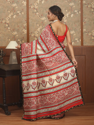 Ivory Murshidabad Pure Silk Saree with Screen Print and Floral Kantha Work