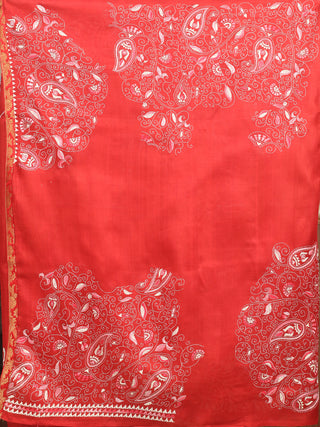 Red Murshidabad Pure Silk Saree with Screen Batik Print & Kantha Work