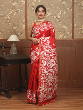 Red Murshidabad Pure Silk Saree with Screen Batik Print & Kantha Work