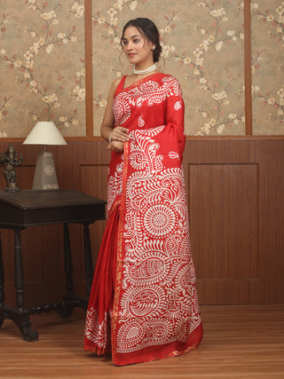 Red Murshidabad Pure Silk Saree with Screen Batik Print & Kantha Work