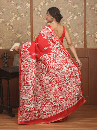 Red Murshidabad Pure Silk Saree with Screen Batik Print & Kantha Work