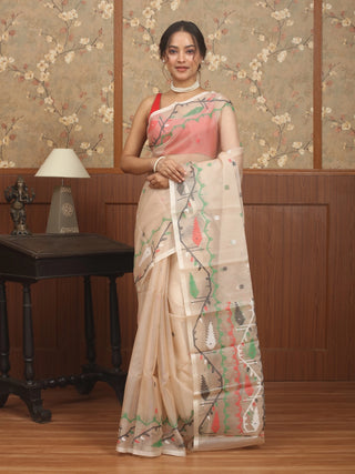 Ivory with Multicolour Weaves Handwoven Muslin Dhakai Jamdani Saree
