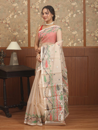 Ivory with Multicolour Weaves Handwoven Muslin Dhakai Jamdani Saree
