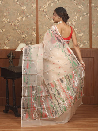 Ivory with Multicolour Weaves Handwoven Muslin Dhakai Jamdani Saree