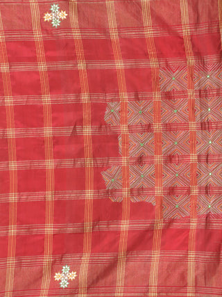 Golden Beige and Red Pochampally Silk Saree with Gharchola Pattern & Hand Aari Embroidery