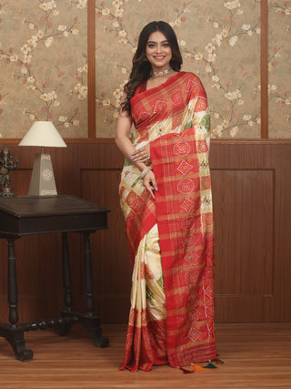 Golden Beige and Red Pochampally Silk Saree with Gharchola Pattern & Hand Aari Embroidery